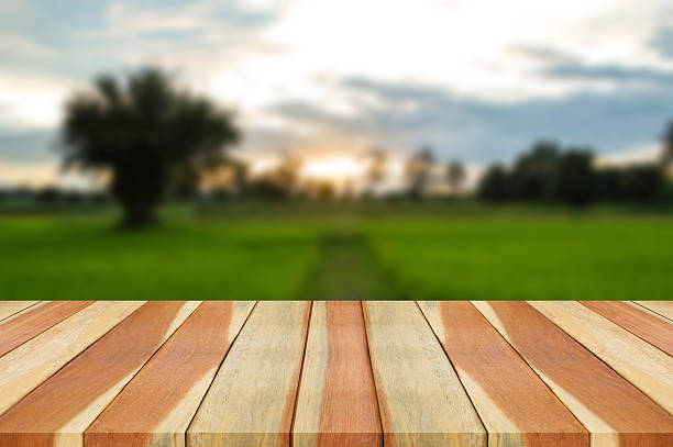 istock wooden board empty table blur in landscape background. 600166750