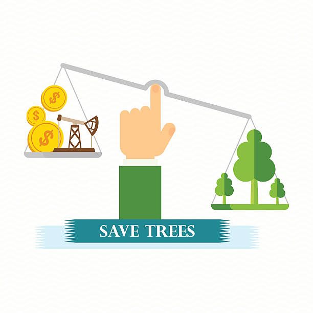 bäume von hand retten - weight scale currency globe earth stock-grafiken, -clipart, -cartoons und -symbole