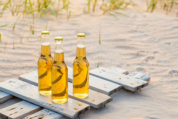 istock Three beer bottles standing on the rustic wooden board 600167796
