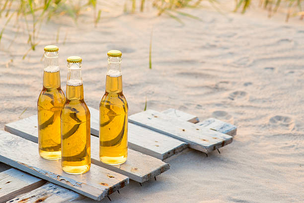 istock Three beer bottles standing on the rustic wooden board 600167900