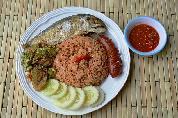 istock spicy fried rice with shrimp paste sauce and mackerel 600168618