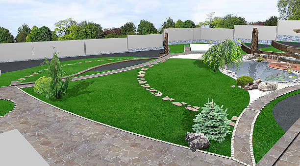 istock Suburban yard landscaping wide angle view, 3d render 600169248