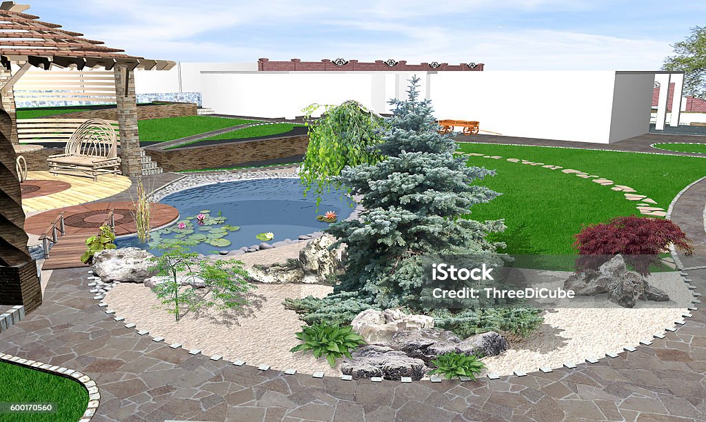 Backyard Pond Rendering Garden Pond And Decking Ideas 3d Render Stock Photo - Download Image ...