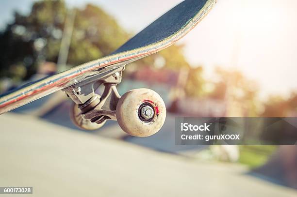 Closeup Of Skateboard In Skatepark Stock Photo - Download Image Now - Skateboard, Activity, Adult