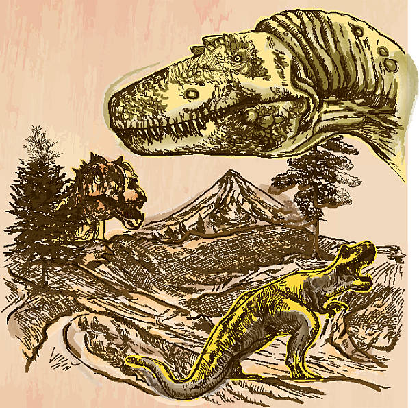 динозавры - нарисованный вручную вектор. линейный арт. - illustration and painting geologic time scale old fashioned wildlife stock illustrations