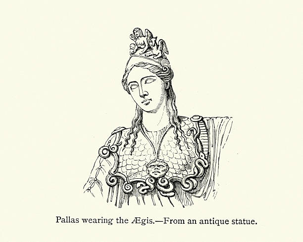 ilustrações de stock, clip art, desenhos animados e ícones de pallas athena wearing the aegis - engraving minerva engraved image roman mythology