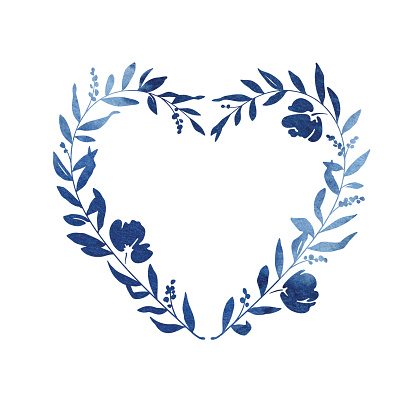A beautiful heart shaped blue watercolour floral wreath. Also included on a separate layer is a single solid colour version of the illustration, with leaves, branches, berries and flowers all kept as individual design elements. This allows you to easily customise the arrangement or colour to be more personal to you. This floral heart is an ideal feature for your wedding stationery, greetings card or elegant design project and the vector illustration can be scaled and printed at any size without loss of quality.