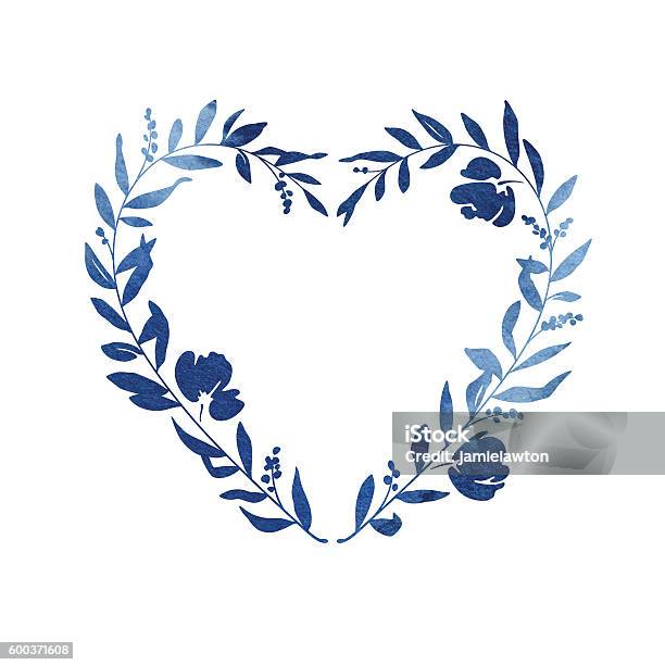 Heart Floral Wreath Blue Watercolour Stock Illustration - Download Image Now - Heart Shape, Flower, Floral Pattern