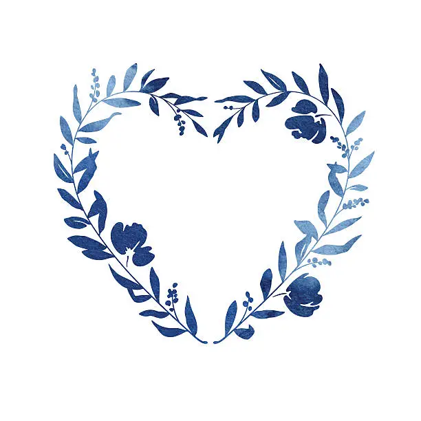 Vector illustration of Heart Floral Wreath - Blue Watercolour