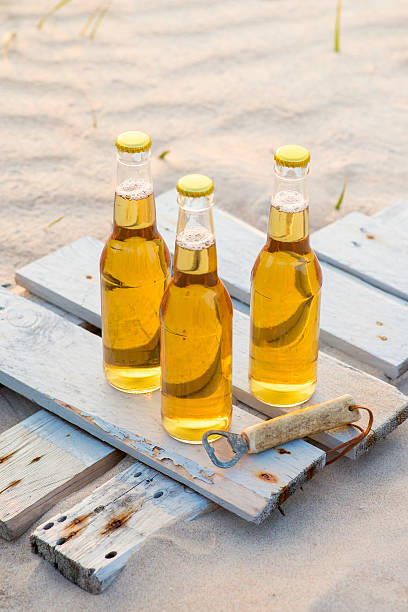 istock Three beer bottles standing on the rustic wooden board 600371848