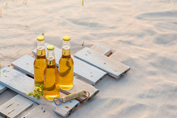 istock Three beer bottles standing on the rustic wooden board 600372274