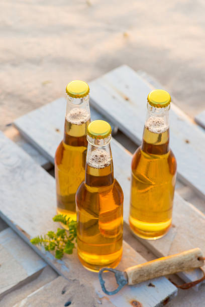 istock Three beer bottles standing on the rustic wooden board 600372384