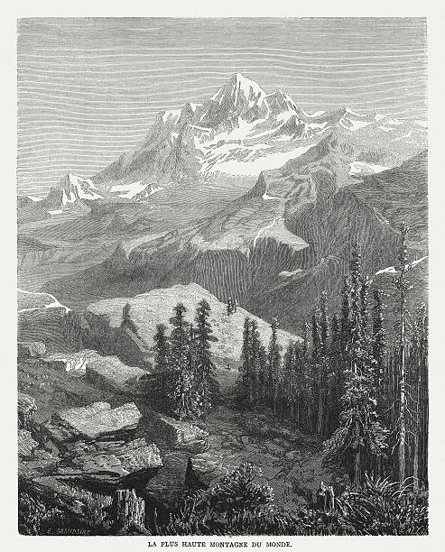 ilustrações de stock, clip art, desenhos animados e ícones de mount everest, wood engraving, published in 1877 - world record illustrations