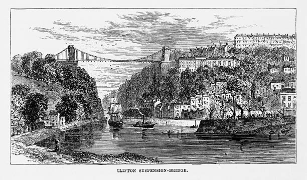 ブリストルのクリフトン吊り橋、イングランドビクトリア朝の彫刻、1840年頃 - old fashioned scenics engraving river点のイラスト素材／クリップアート素材／マンガ素材／アイコン素材