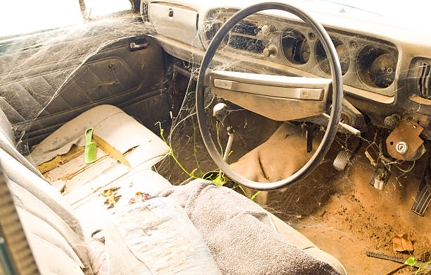 istock Driver's cockpit of a old car with spider web(retro style) 600381782