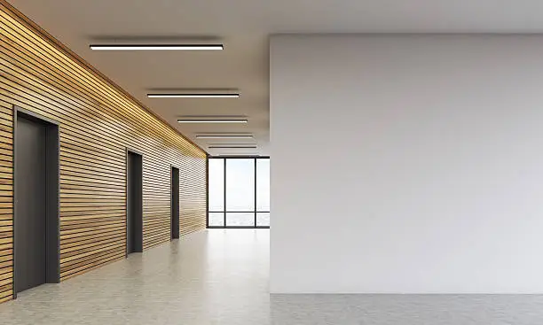 Office lobby interior with wooden walls and large white space. Concept of business building. 3d rendering. Mock up