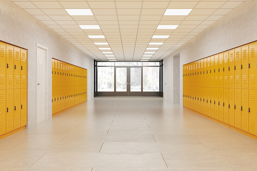 School lobby with bright yellow lockers. Fitness Gym. Concept of middle school. 3d rendering