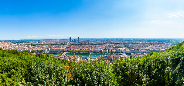 Lyon, France, panorama of the city under blue sky