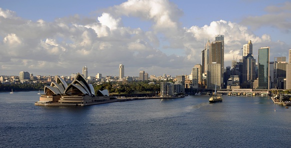 Sydney, NSW Australia - May 15, 2010: panoramic aerial view from the Harbour Bridge towards the Opera House as a ferry enters the Circular Quay, skyline in the background; Sydney NSW Australia
