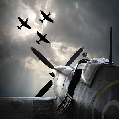 The Fighter planes. Digital artwork on second world war theme. On memory Battle of Britain anniversary. Are used fictive aircraft with vintage style look.
