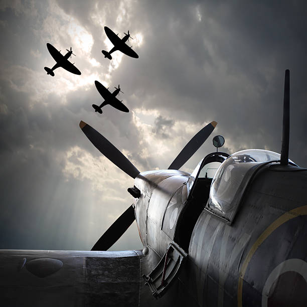 The Fighter planes. The Fighter planes. Digital artwork on second world war theme. On memory Battle of Britain anniversary. Are used fictive aircraft with vintage style look. propeller photos stock pictures, royalty-free photos & images