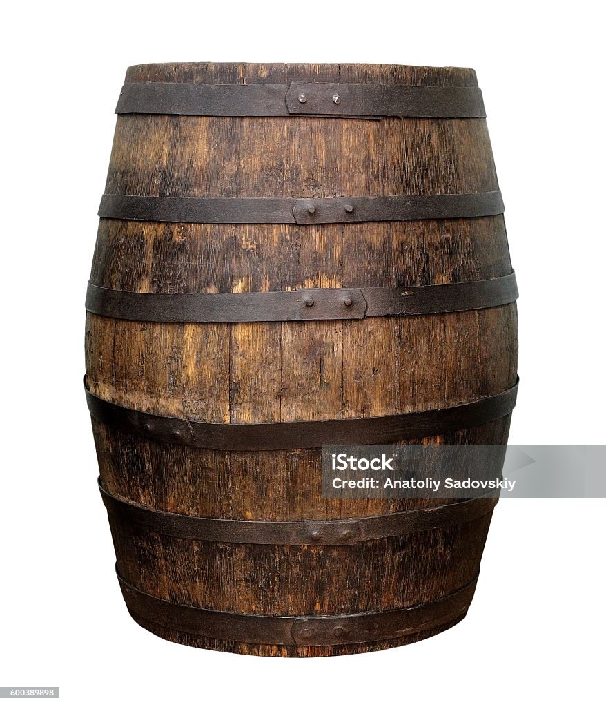 Old wooden wine barrel Old wooden wine barrel isolated on white background Barrel Stock Photo