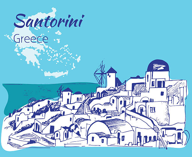 ilustraciones, imágenes clip art, dibujos animados e iconos de stock de bosquejo del contorno de santorini - grecia. - mediterranean sea sea greece mediterranean countries