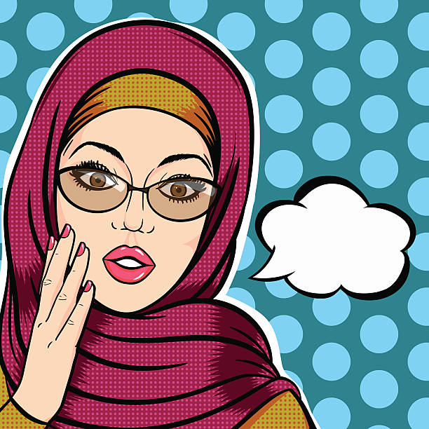 ilustrações, clipart, desenhos animados e ícones de mulher muçulmana moderna em hijab rosto chocado com bolha de pensamento - tatar