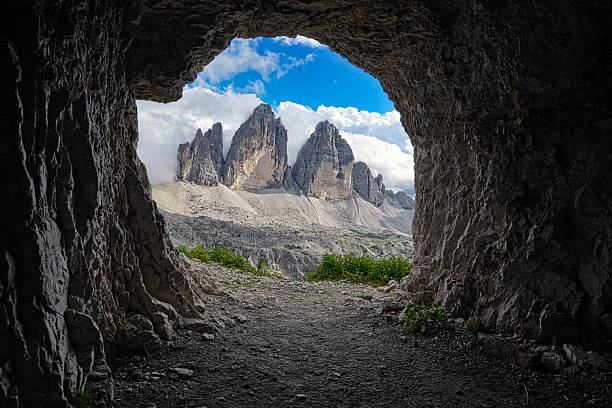 istock Tre Cime  Dolomite Alps, seen from  cave above auronzo hut 600403218