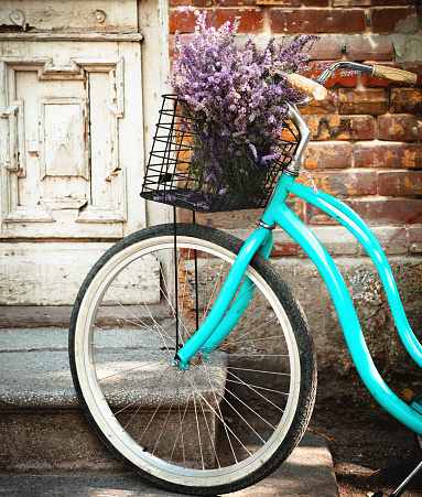 Bicycle with flowers in the street in Budva, Montenegro, Balkans