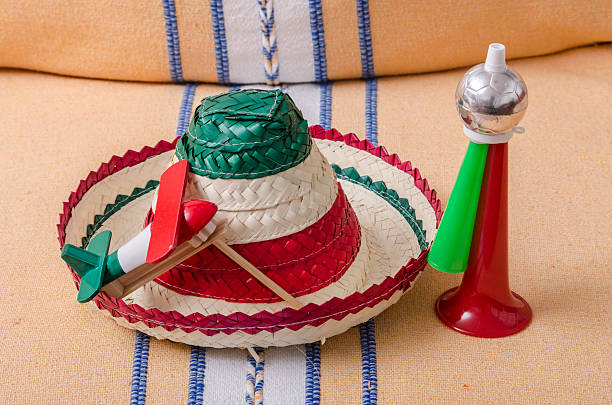 Mexican hat, noisemaker and trumpet. Accesories for mexican Independence Day celebration