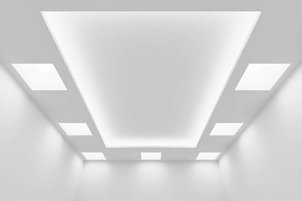 istock Ceiling of empty white room with square lights 600406160