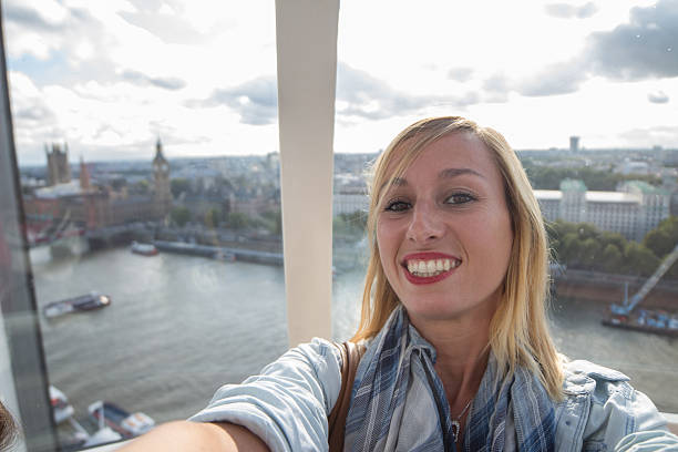 女の子はロンドンのパノラマビューで自分撮りを取ります - london england thames river millennium wheel aerial view ストックフォトと画像