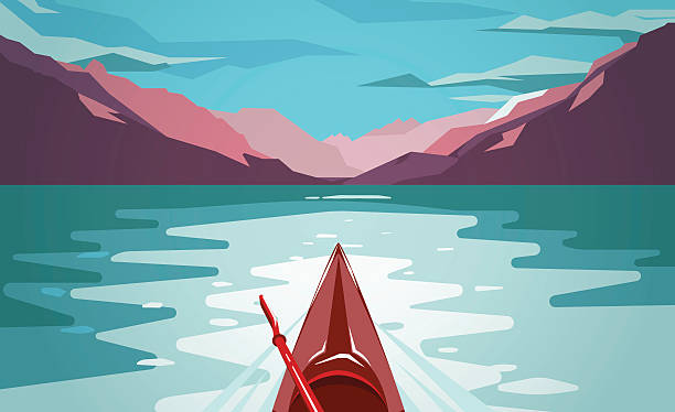 illustrazioni stock, clip art, cartoni animati e icone di tendenza di kayak di mare nel fiordo norvegese. divertente viaggio all'aperto. - canoeing