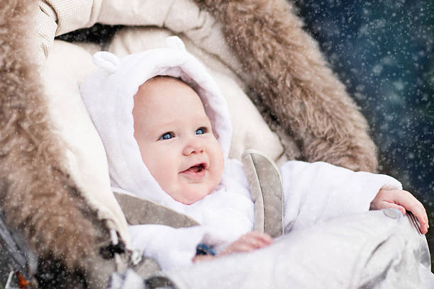 Little baby in stroller Happy laughing baby enjoying a walk in winter park sitting in a warm stroller with sheepskin hood baby stroller winter stock pictures, royalty-free photos & images