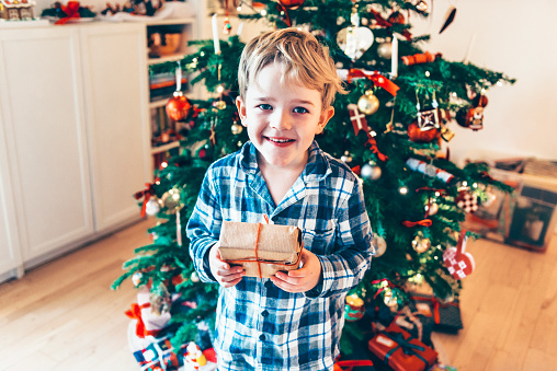 Boy smiles as he recieves a present on christmas morning. He looks at the camera with excitement in his eyes. The boy wears a blue and white pajamas and he stands in front of a christmas tree. It has been decorated and presents also placed under the tree.