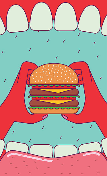 essen großen burger. - hamburger schnellgericht stock-grafiken, -clipart, -cartoons und -symbole