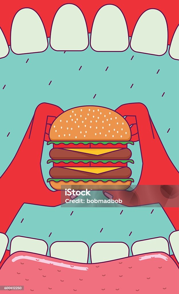 Eating big burger. Open mouth and hands holding huge burger. Subjective view perspective. Wide angle. Burger stock vector