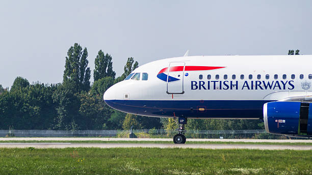 Airliner by British Airways close-up view Boryspil, Ukraine - September 4, 2016: Close-up side view of passenger aircraft Airbus A320 by British Airways Copy Space. Airbus A320-232 (G-EUUP) in International Airport Boryspil after the landing from London Heathrow Airport. british airways stock pictures, royalty-free photos & images