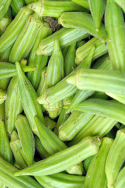 istock Fresh harvisted okra cut and gathered for sale 600415160