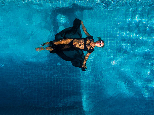 istock Model In swimming pool aerial view 600415186