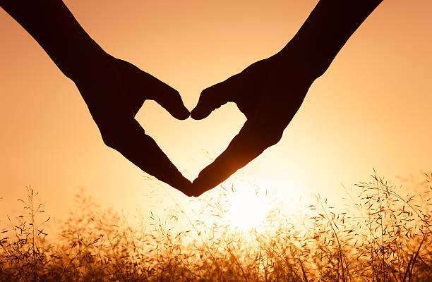 istock Hand shaped heart against beautiful sunset. 600417296