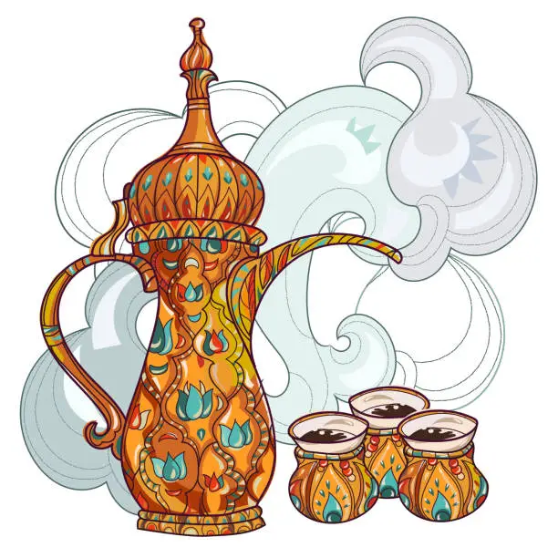 Vector illustration of Arabic coffee maker dalla with cups.
