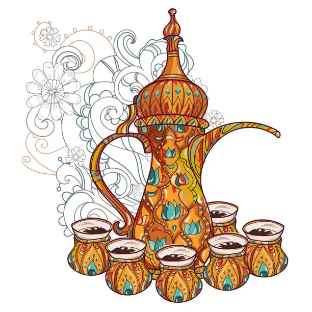 Vector illustration of Arabic coffee maker dalla with cups.