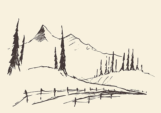 gezeichnete landschaft hügel ländlichen straße vektor skizze. - meadow autumn hiking mountain stock-grafiken, -clipart, -cartoons und -symbole