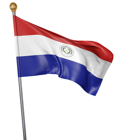 Realistic 3D render of a flag pole with the national flag of Paraguay waving in the air against a white background.