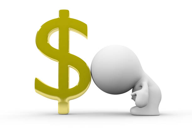 istock human 3d person leaning on a huge golden dollar sign 600678148