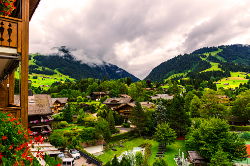 Beautiful landscape picture from a Balcony with a view of Gstaad in Switzerland 