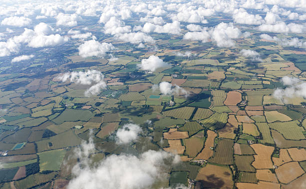 istock Patchwork fields of English countryside from the air 600679286