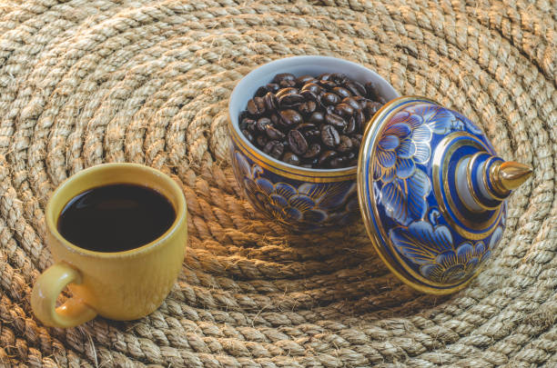 istock Coffee bean in Benjarong on a jute rope. 600682034